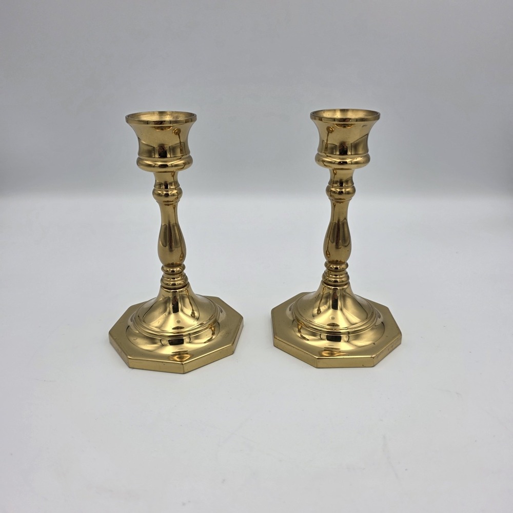 Vintage Octagon Base Pair Of Candlesticks  Polished Brass 5" tall